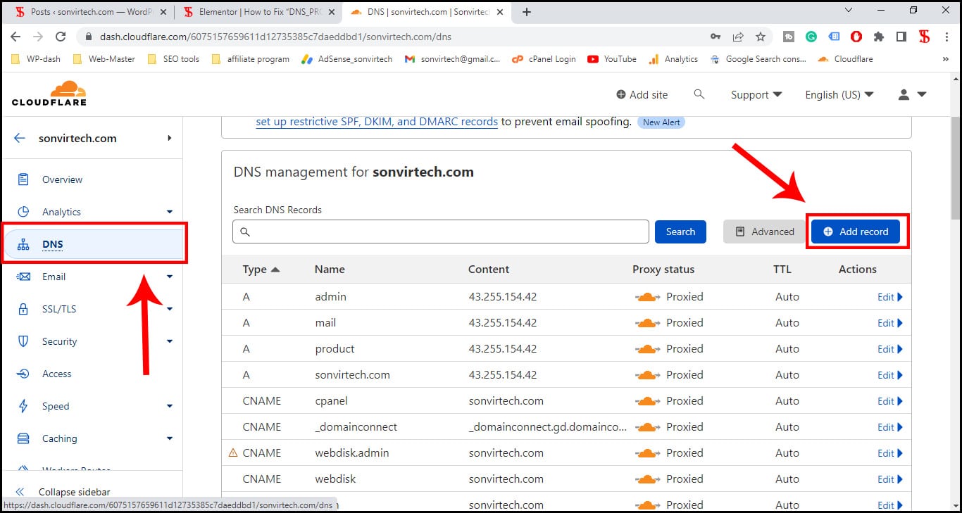 cloudflare DNS records page